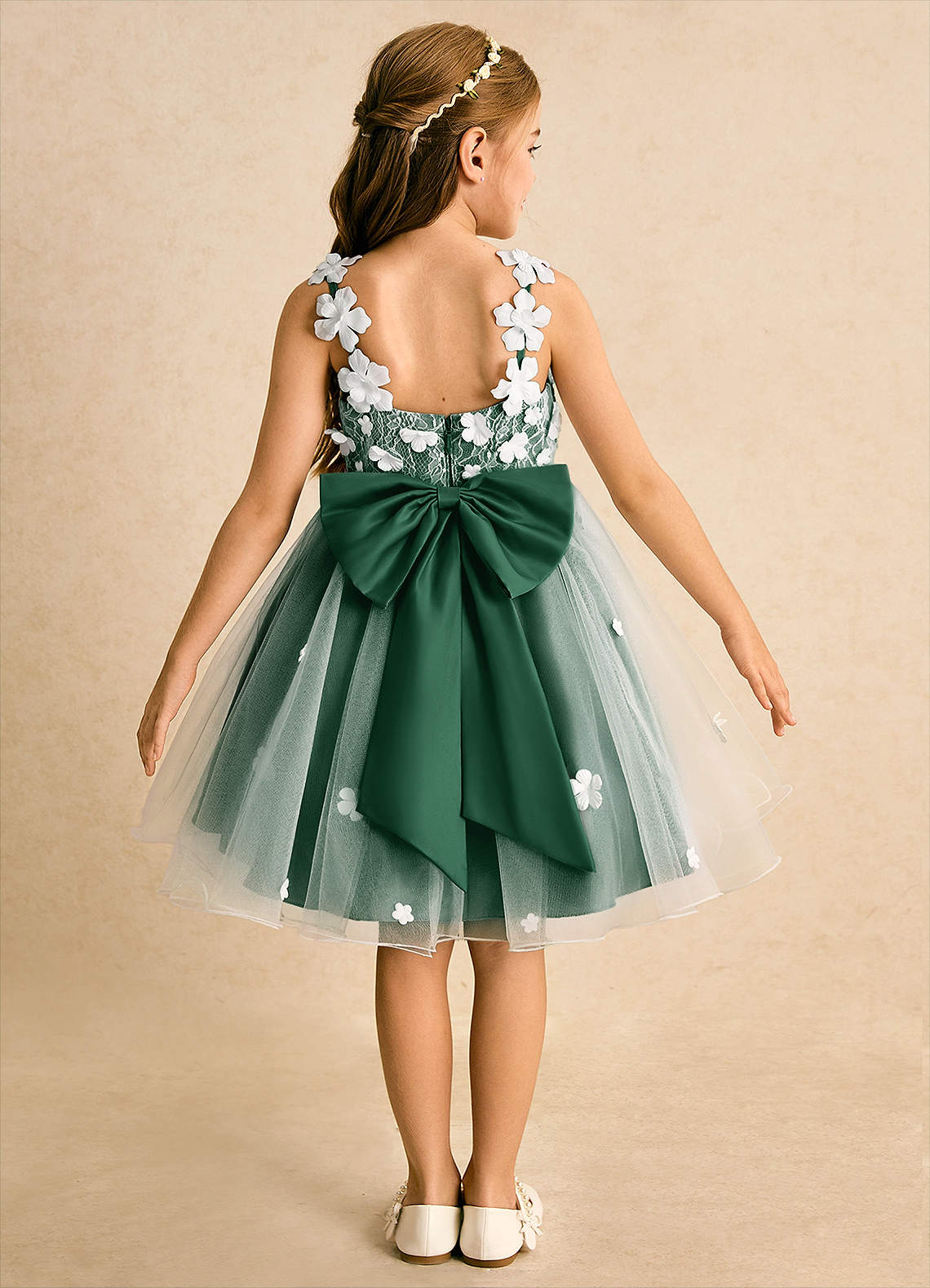 Azazie Junebug vestidos de niña de las flores Vestido de Marfil Verde Oscuro de Tul de Princesa con Encaje image1