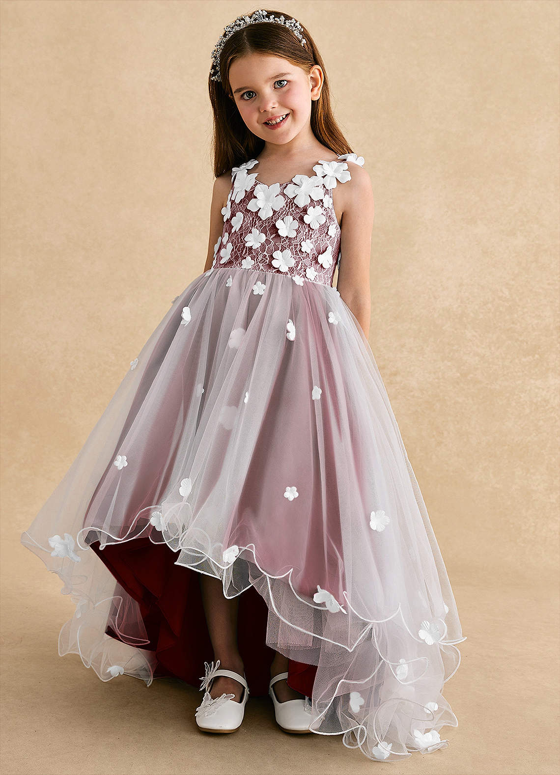 Azazie Celia Flower Girl Dresses Burgundy A-Line Lace Tulle Dress image5