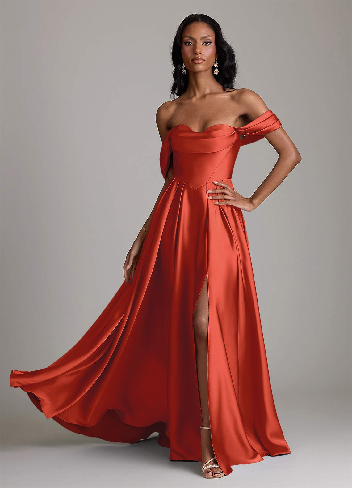 off the shoulder rust dress Rust Off the Shoulder Evening Dress Mermaid Satin Prom Dress with Flap ARD2869