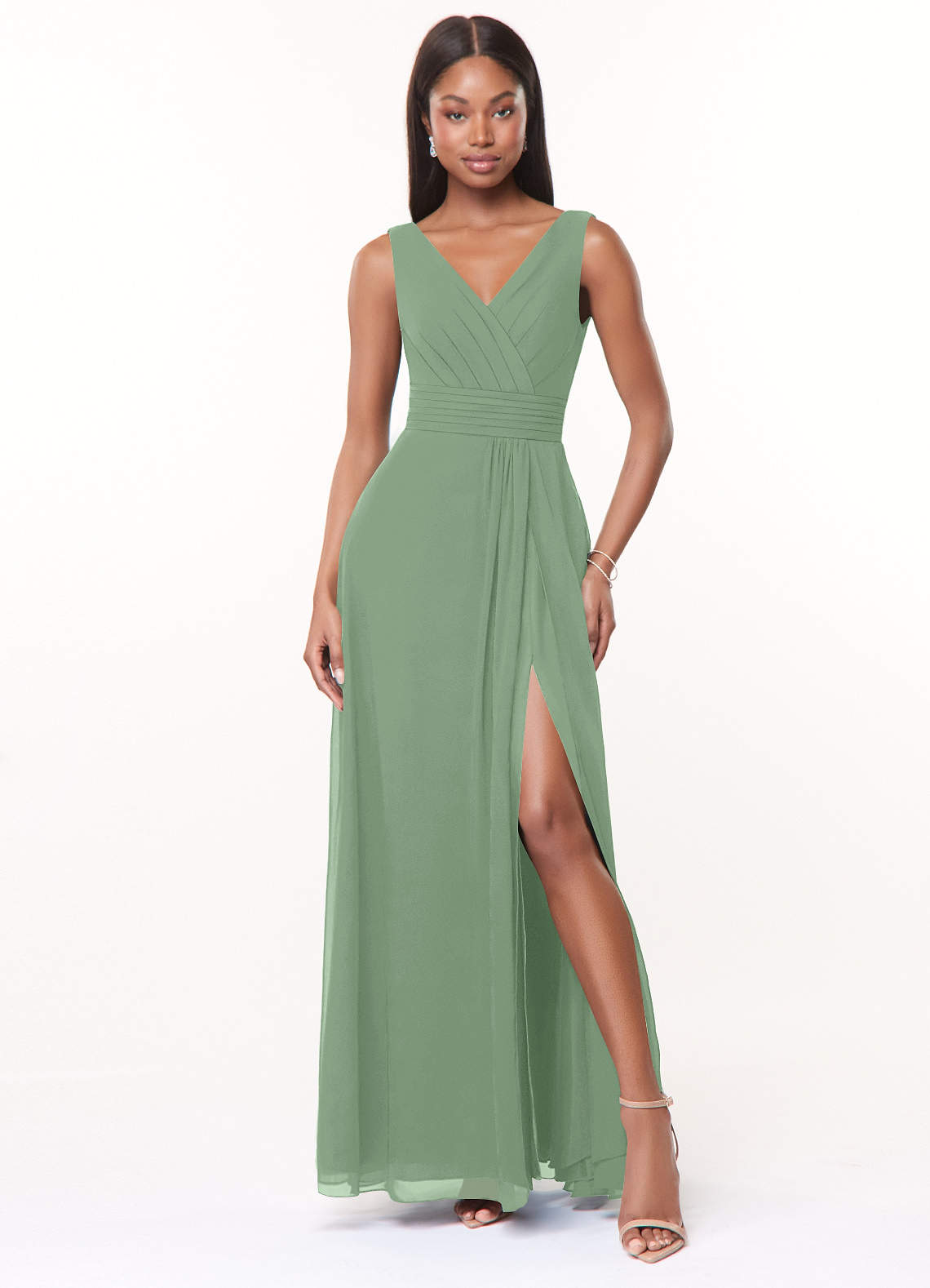 Azazie Karina Bridesmaid Dresses Matcha A-Line Pleated Chiffon Dress image1