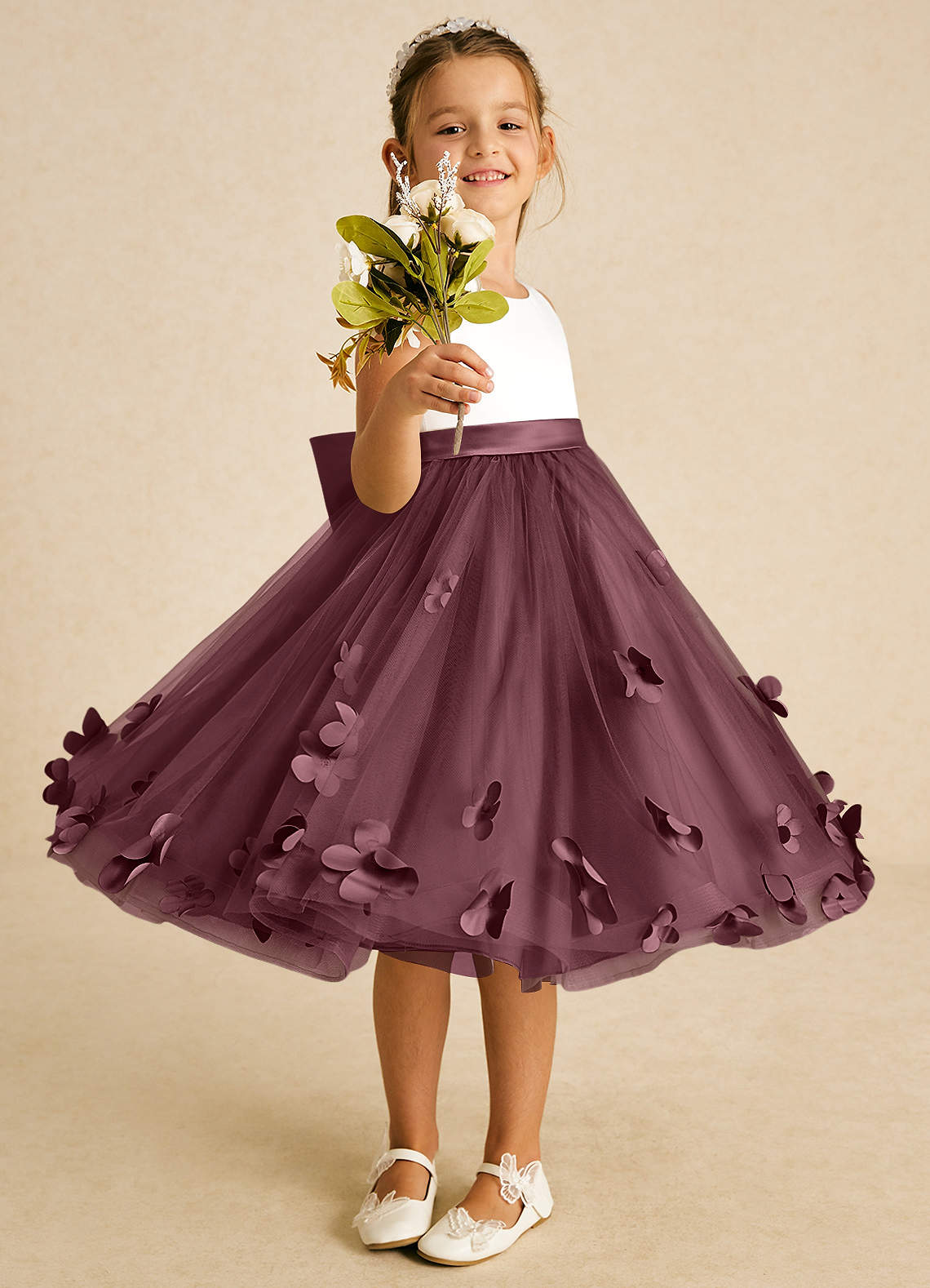 Azazie Sprout Flower Girl Dresses Sangria A-Line Bow Tulle Dress image1