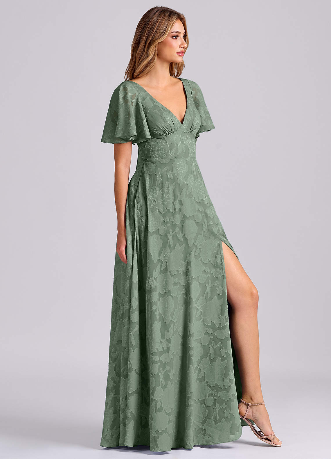 Azazie Kimber Bridesmaid Dresses Matcha A-Line with Pockets Floral Burnout Dress image3
