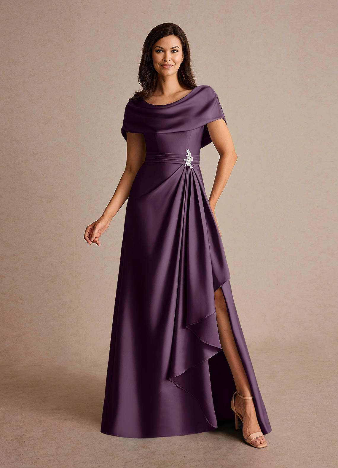Azazie Branford Mother of the Bride Dresses Plum A-Line Pleated Stretch Satin Dress image1