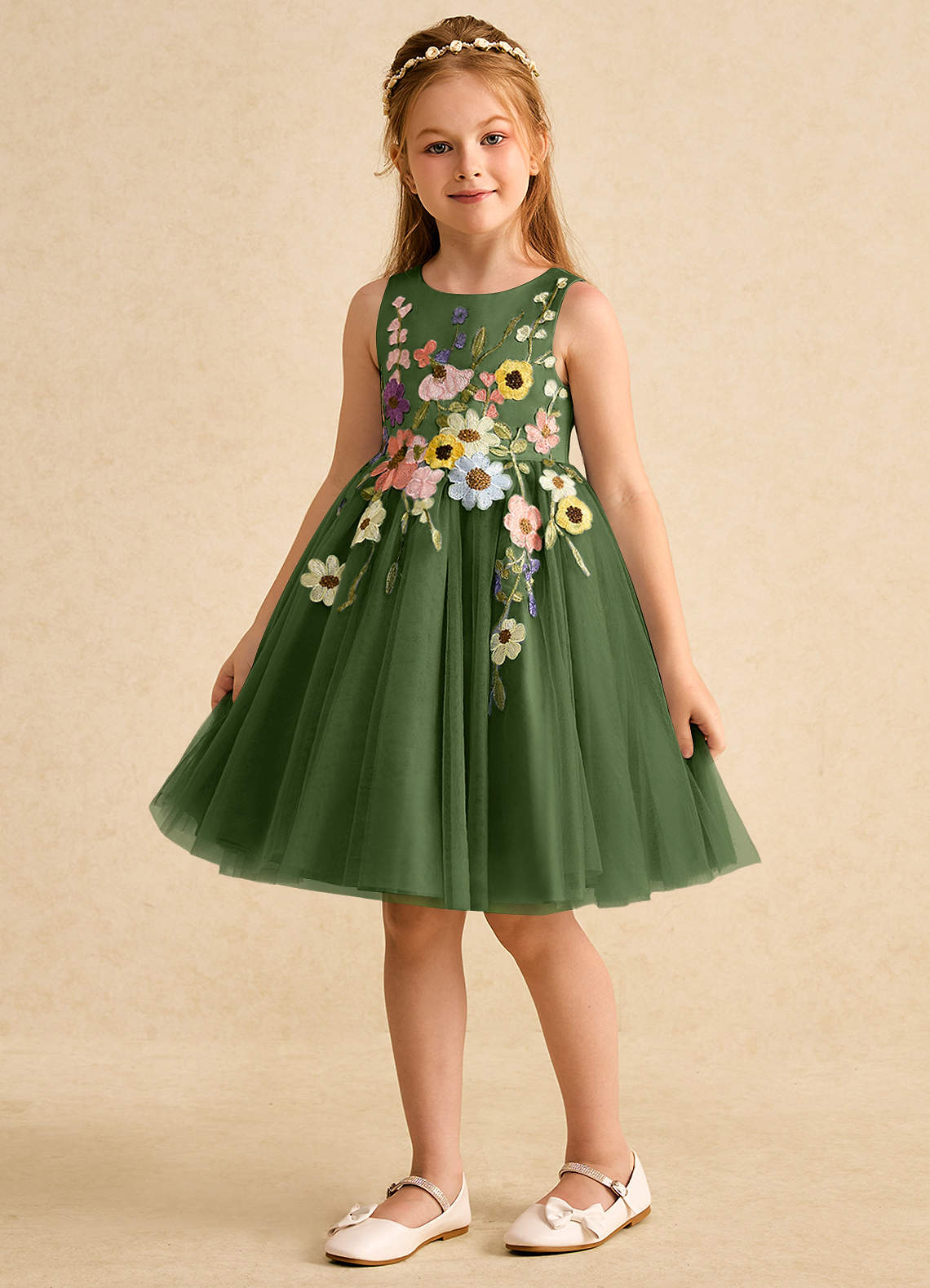 Azazie Prima Flower Girl Dresses Olive A-Line Bow Tulle Dress image4