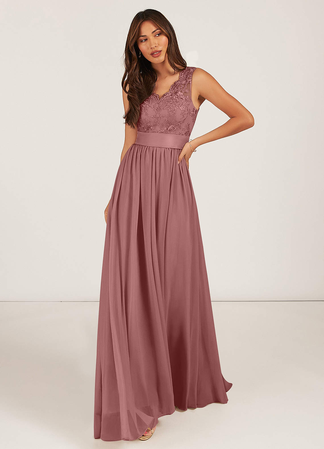 Azazie Gertrude Bridesmaid Dresses Desert Rose A-Line Lace Chiffon Dress image1