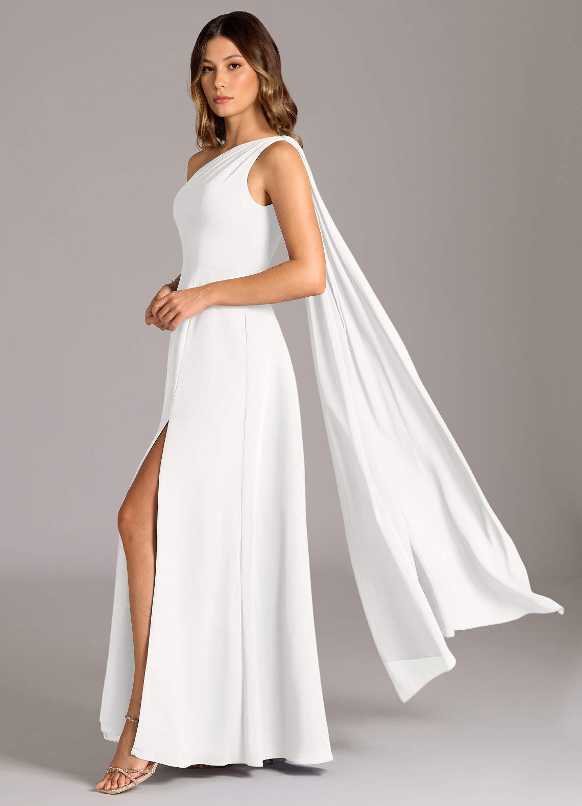 white chiffon one shoulder dress One-shoulder White Chiffon Wedding Dress with Beaded Detail  Saint Strange