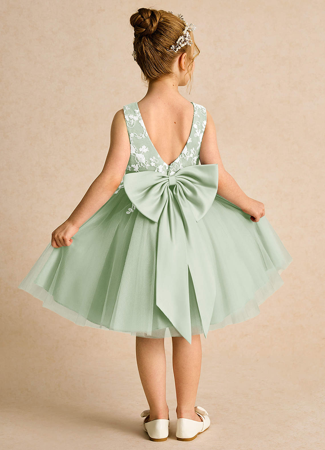 Azazie Butterfly Flower Girl Dresses Dusty Sage A-Line Lace Dress image1