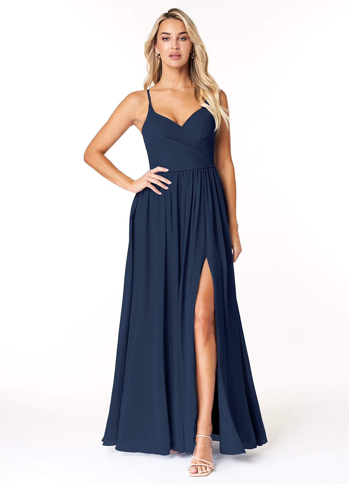 Azazie Dominic Bridesmaid Dresses Dark Navy A-Line V-Neck Pleated Chiffon Dress image1