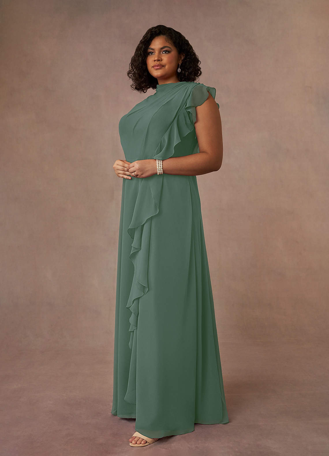 Azazie Narine Mother of the Bride Dresses Eucalyptus A-Line High Neckline Pleated Chiffon Dress image14