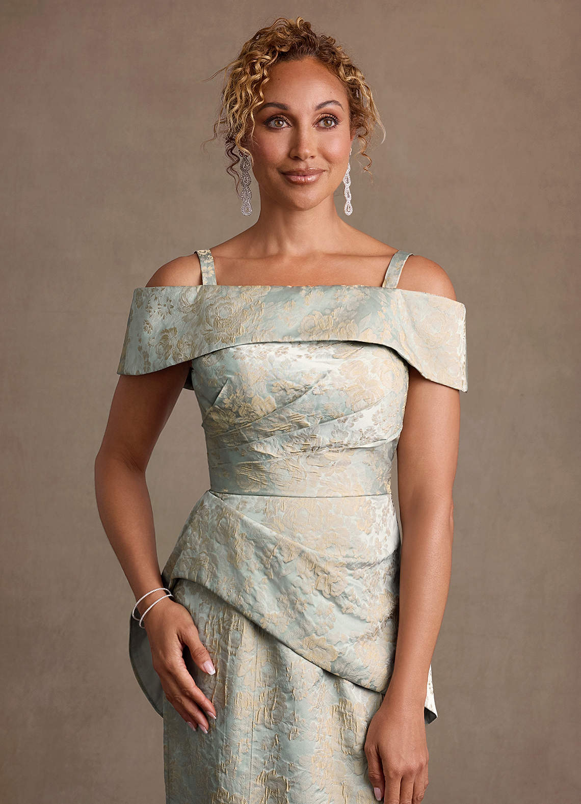 Azazie Kaddar Vintage Blue Sheath Off the Shoulder Floral Jacquard