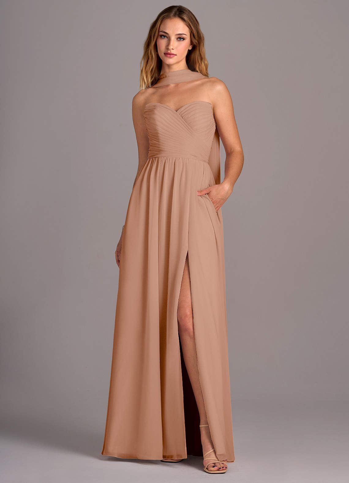 Azazie Joni Bridesmaid Dresses Champagne Rose A-Line Strapless Chiffon Convertible Dress image1