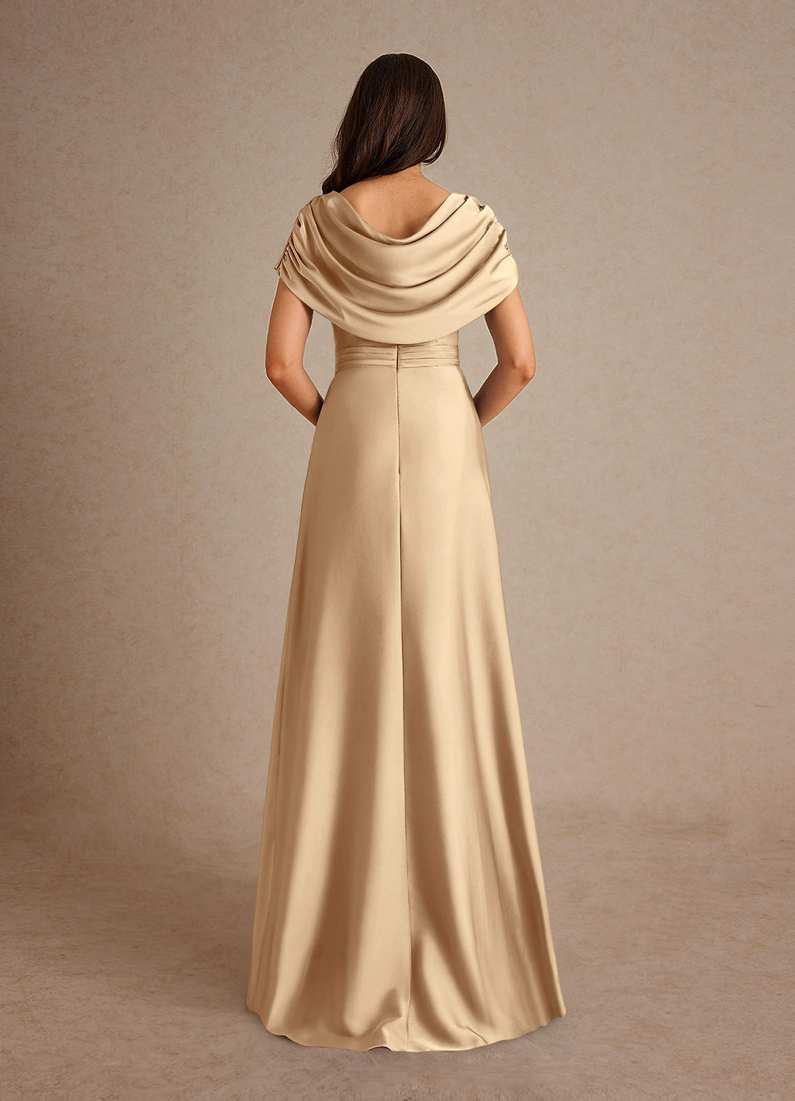 Azazie Branford Mother of the Bride Dresses Champagne A-Line Pleated Stretch Satin Dress image2