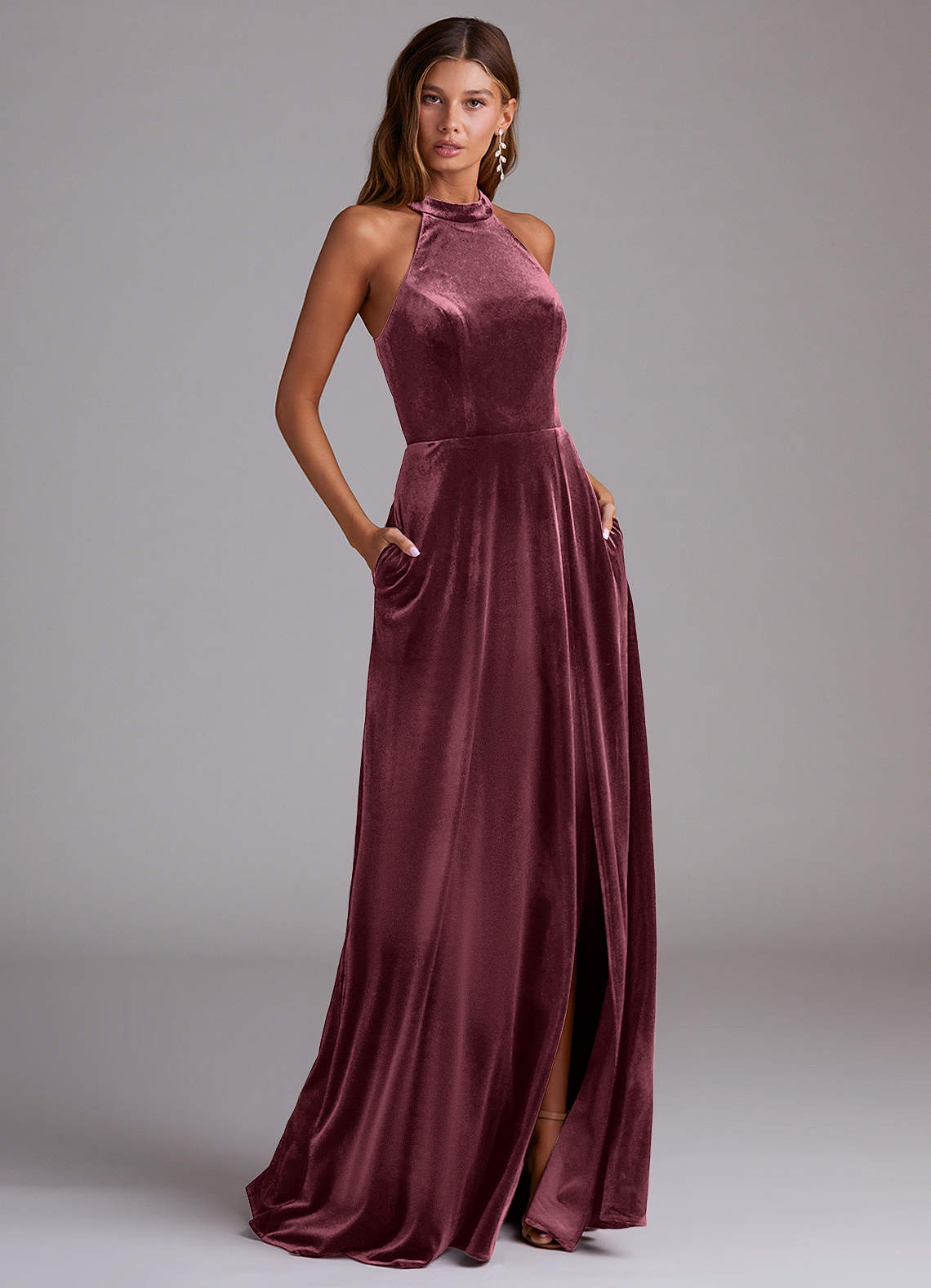 Azazie Larice Bridesmaid Dresses Raspberry A-Line with Pockets Velvet Dress image1