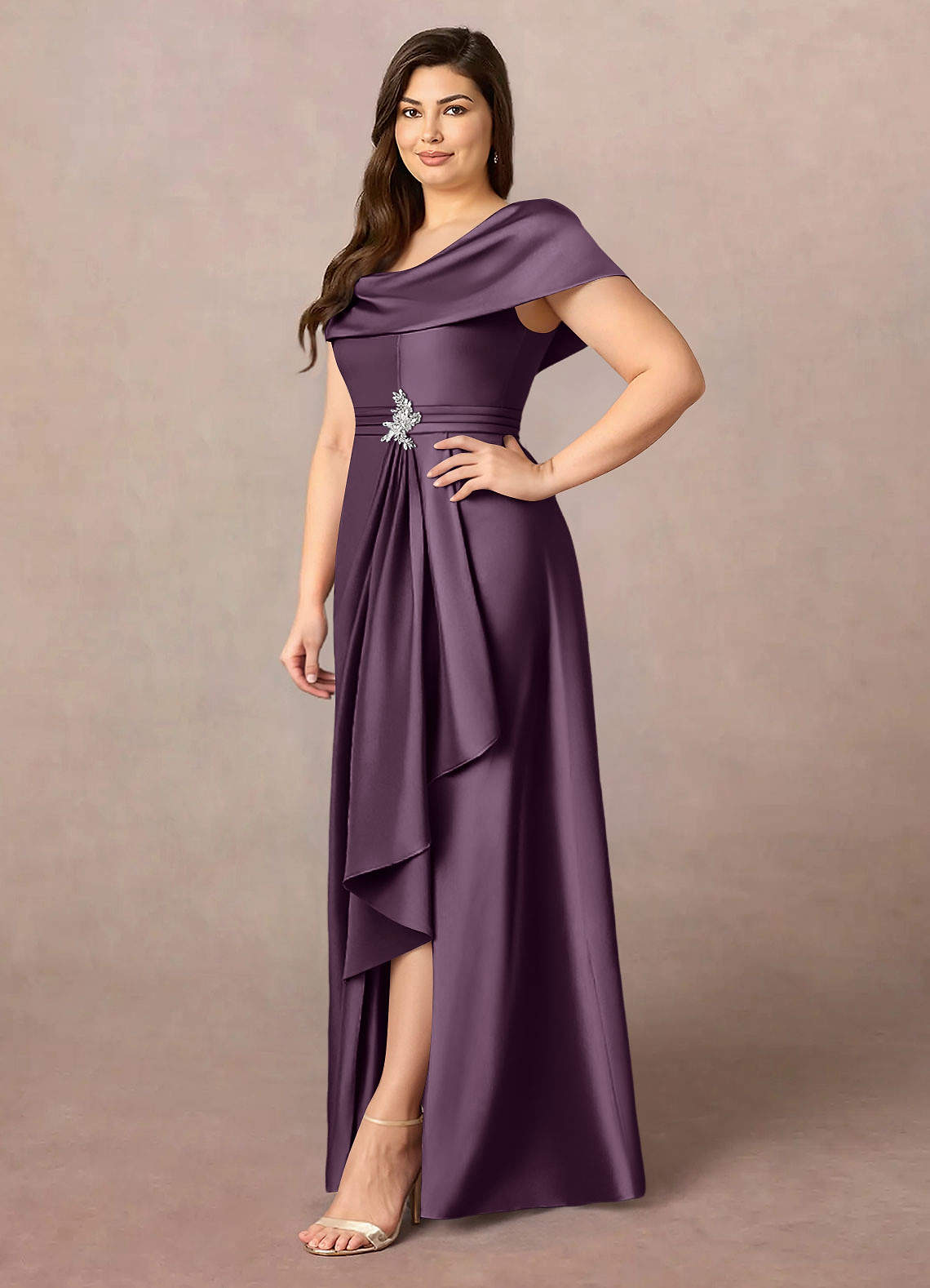 Azazie Branford Mother of the Bride Dresses Plum A-Line Pleated Stretch Satin Dress image10