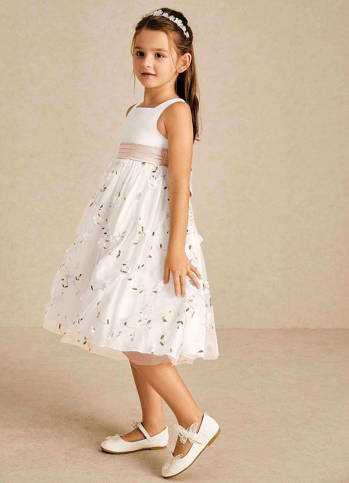 Azazie Pollie Flower Girl Dresses Ivory English Rose A-Line Bow Tulle Dress image4