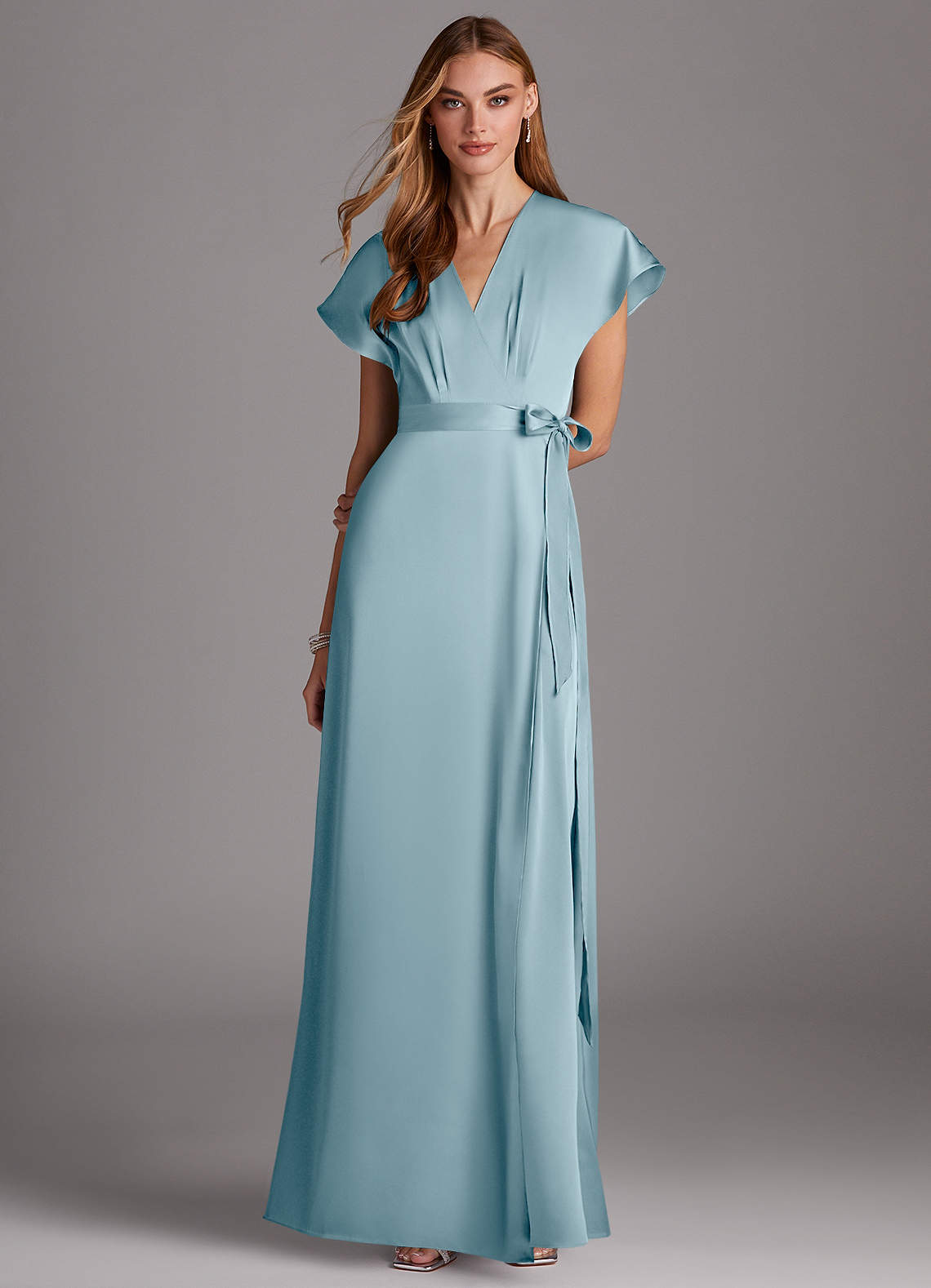 Azazie Nico Brautjungfernkleider A-Linie V-Hals Stretch-Satin Kleid Stimmungsvolles Blau image1
