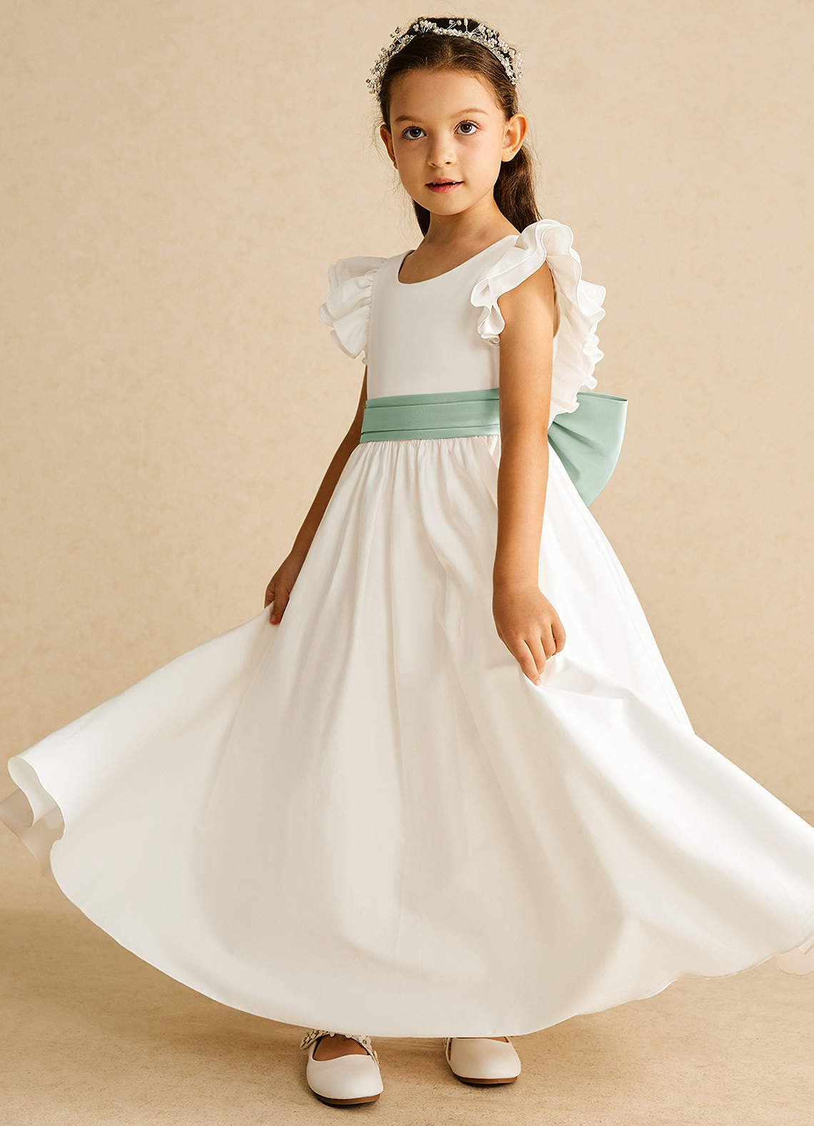 Azazie Aero Flower Girl Dresses Ivory Agave A-Line Pleated Cotton Dress image1