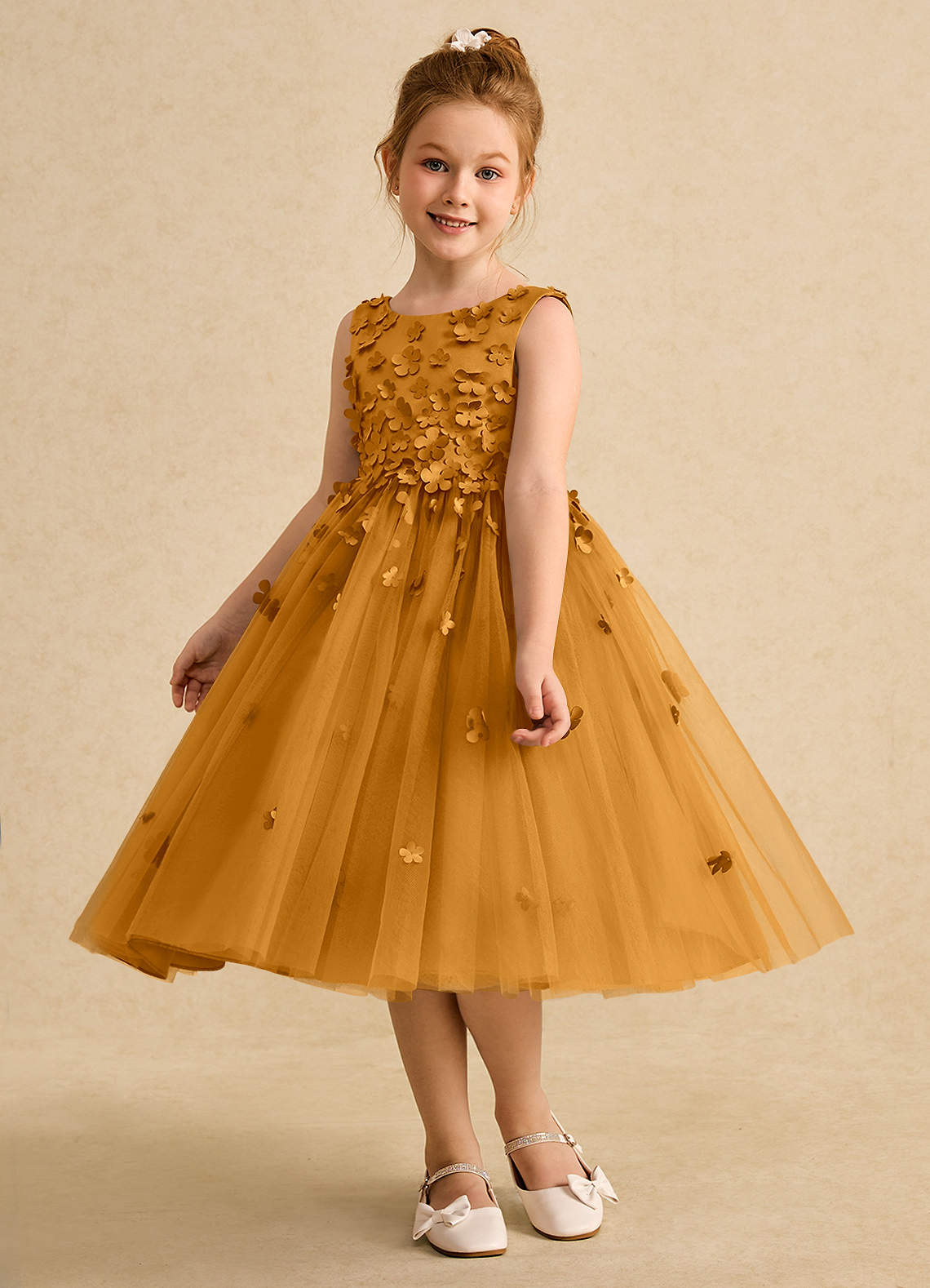 Azazie Lana Flower Girl Dresses Butterscotch A-Line Sleeveless Matte Satin Dress image2