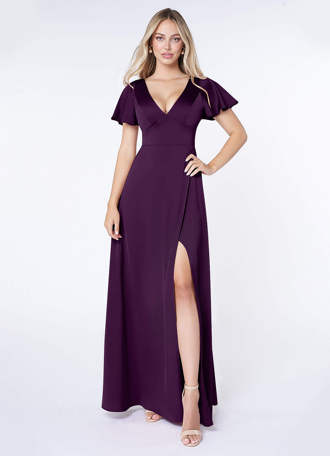 Azazie Lani Vestidos de madrinha de casamento Vestir Uva de Cetim elástico de Linha A com Plissado image1