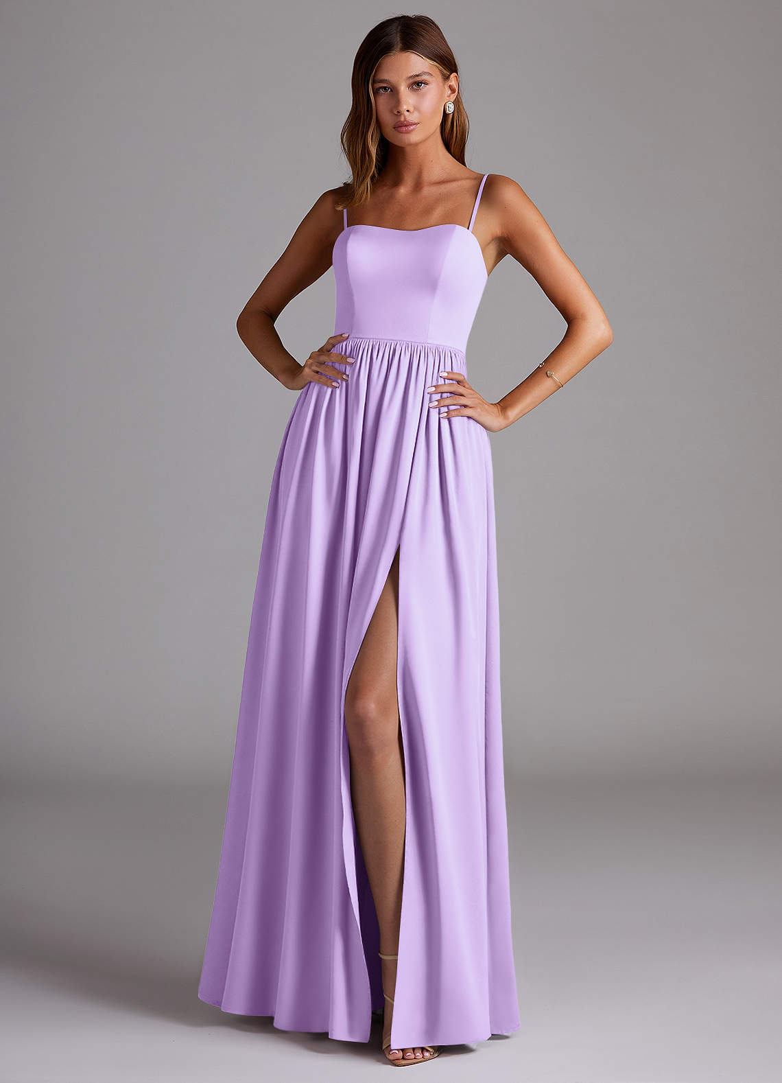 Azazie Calianna Bridesmaid Dresses Lilac A-Line Off the Shoulder Stretch Satin Convertible Dress image1