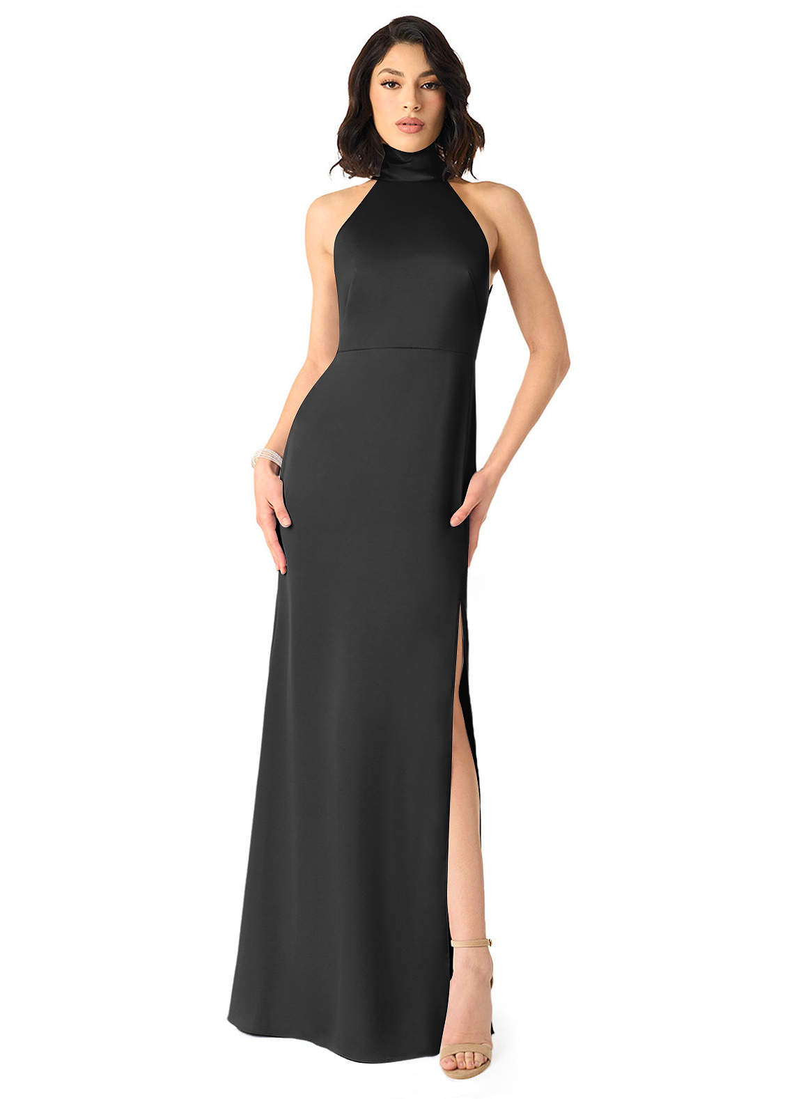 Azazie x Delaney Bridesmaid Dresses Black Sheath High Neck Stretch Satin Dress image1