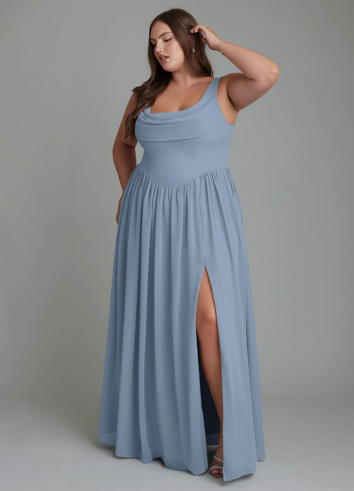 Azazie Novi Bridesmaid Dresses Dusty Blue A-Line Pleated Chiffon Dress image8