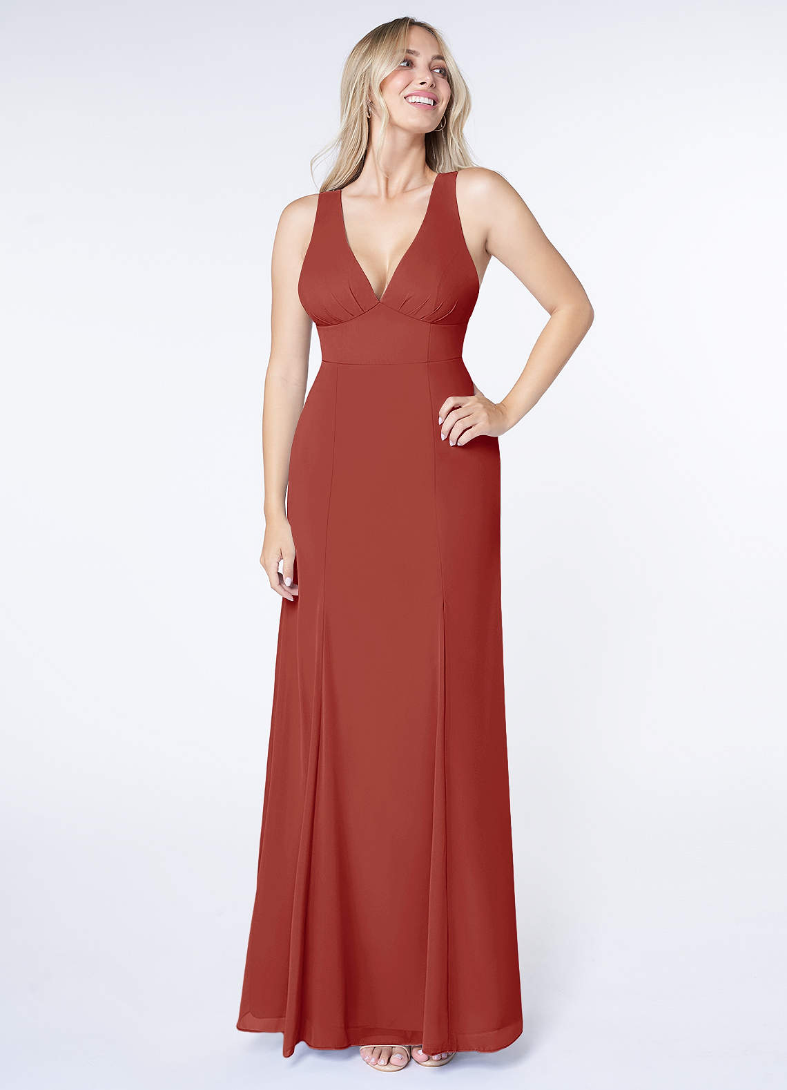 Azazie Christiana Bridesmaid Dresses Terracotta A-Line V-Neck Pleated Chiffon Dress image1