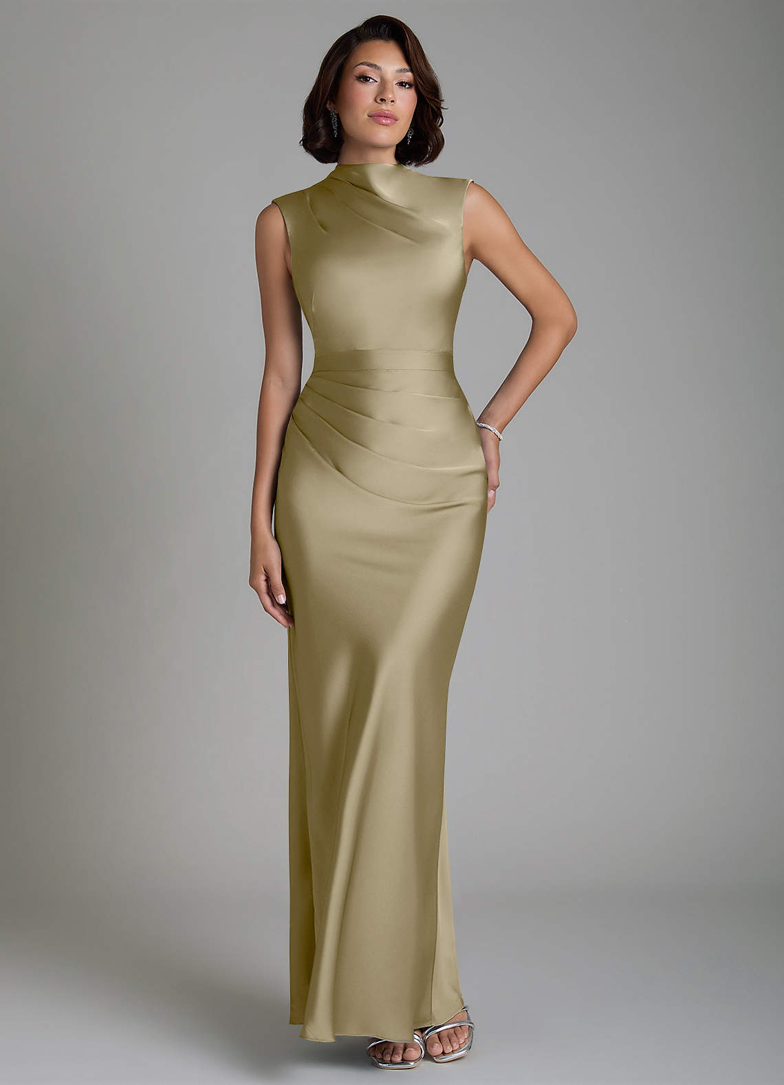 green gold bridesmaid dresses Azazie Lumia Moss Stretch Satin Color:Black and White Mix