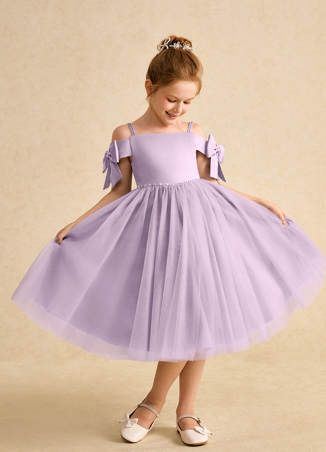 Azazie Amie Flower Girl Dresses Frosted Lilac A-Line Off the Shoulder Matte Satin Dress image1