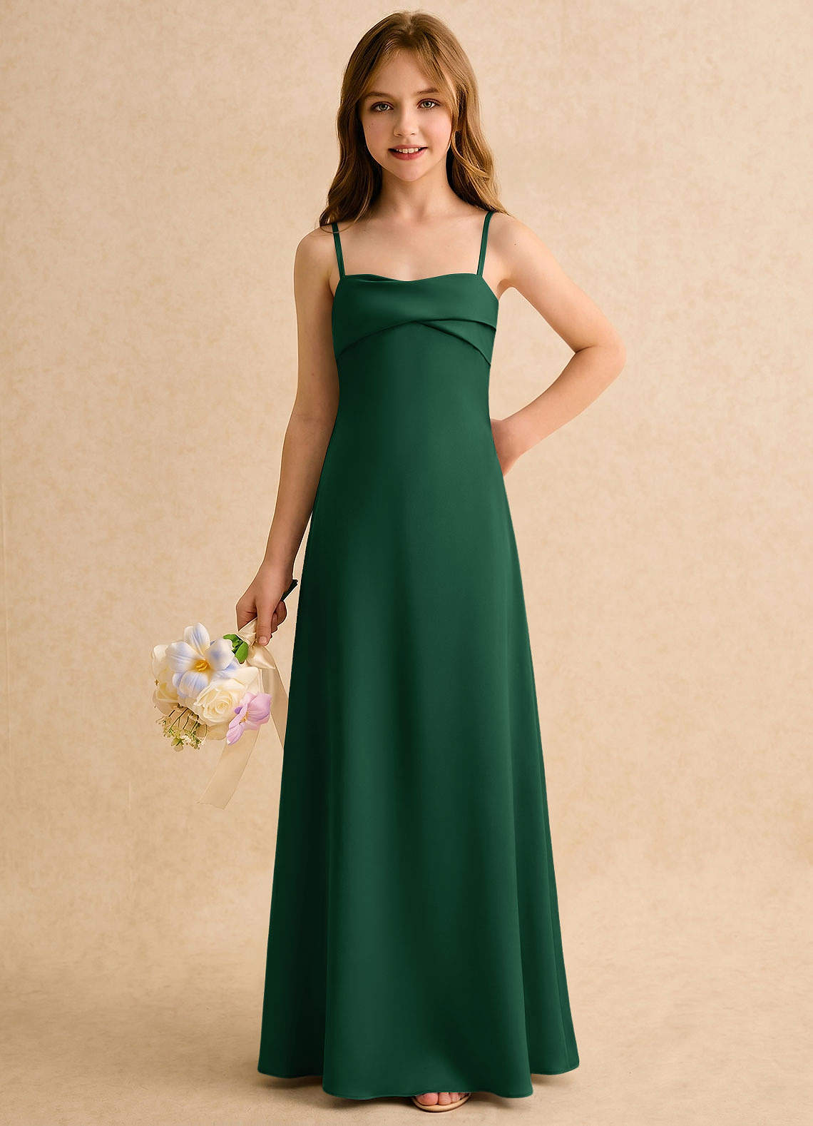 dark green girls dresses Azazie Sheath Sweetheart Floor-Length Stretch Satin Flower Girl primary-color-green