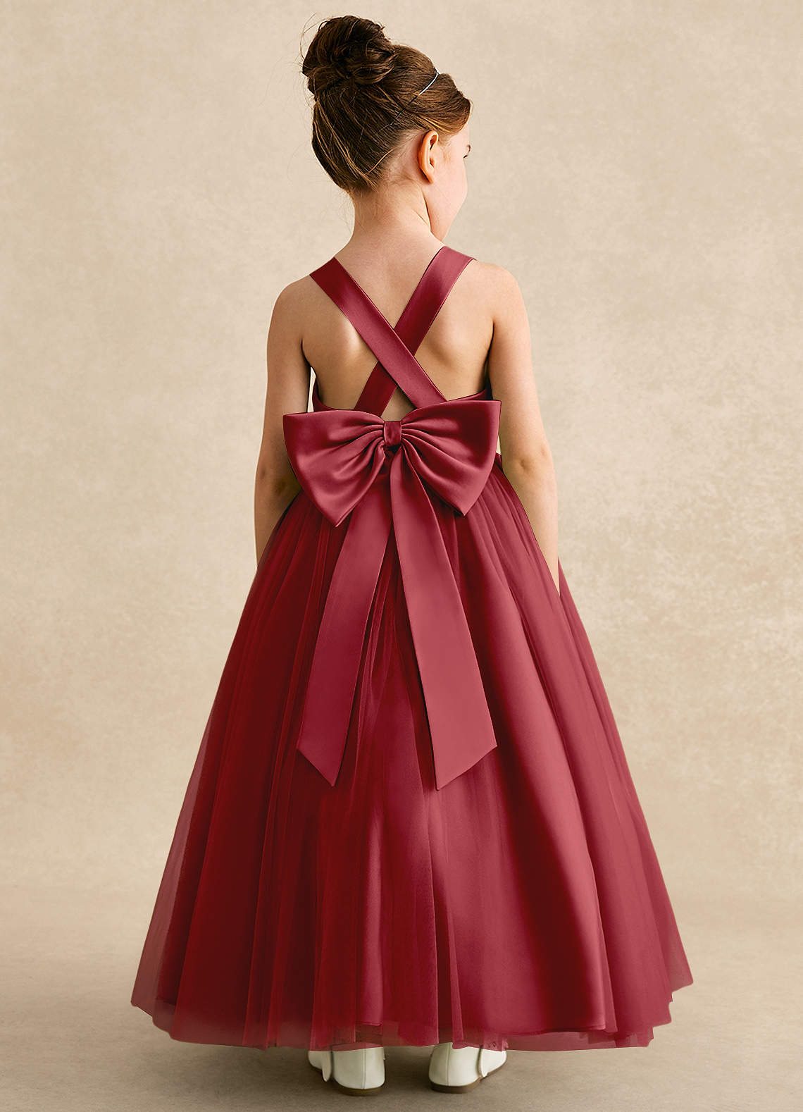 Azazie Peanut Robe Demoiselle D'honneur Fillette Robe Trapèze en Tulle Bretelle Grenade image1