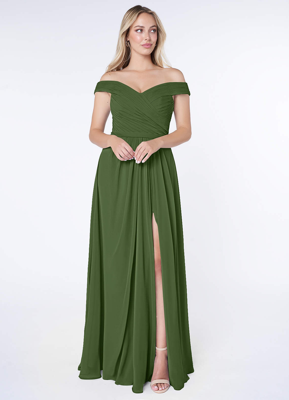 Azazie Audrianna Bridesmaid Dresses Olive A-Line Off-The-Shoulder Gathered Chiffon Convertible Dress image1