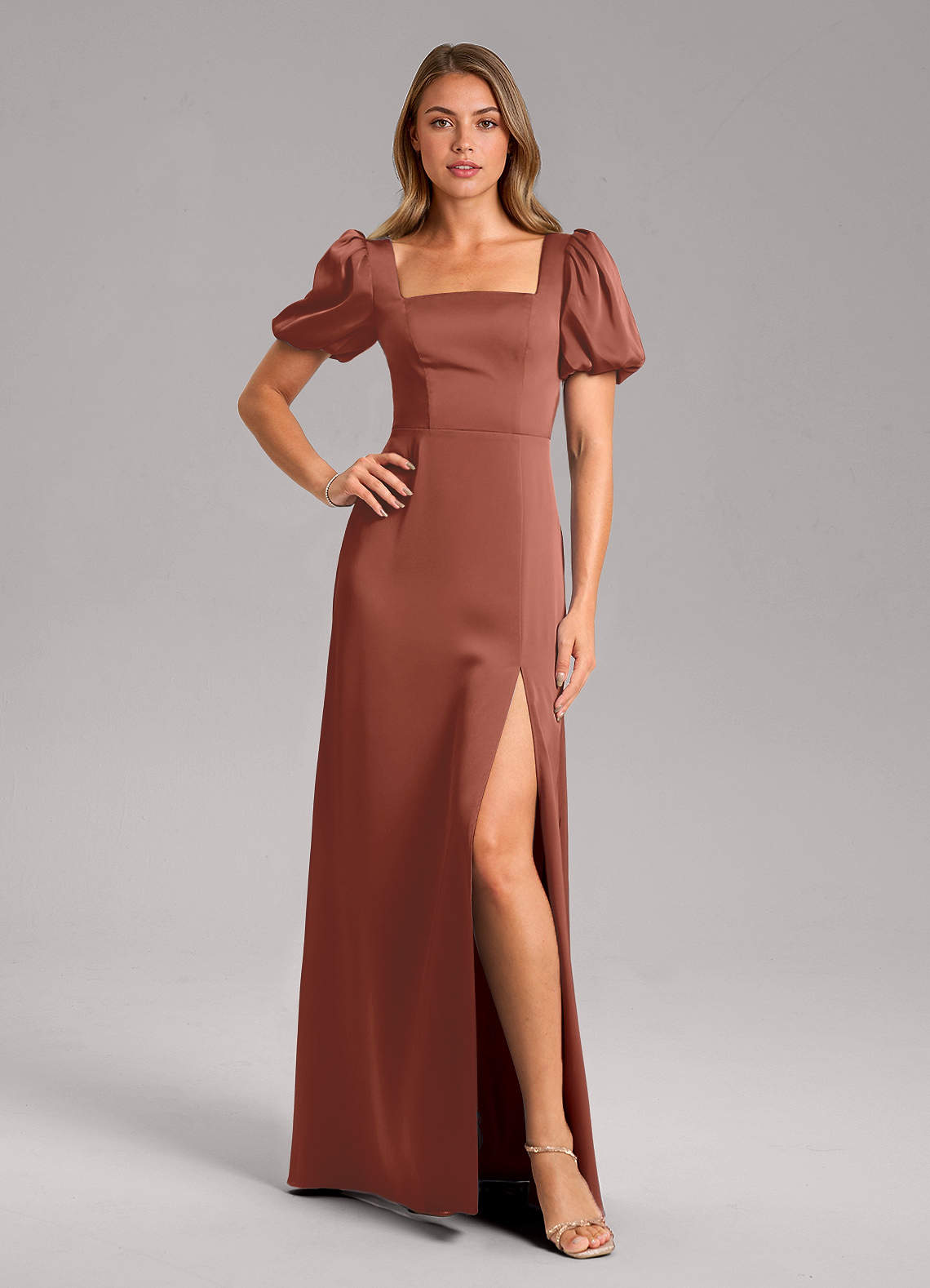 Azazie Fyona Bridesmaid Dresses Auburn A-Line Pleated Stretch Satin Dress image1