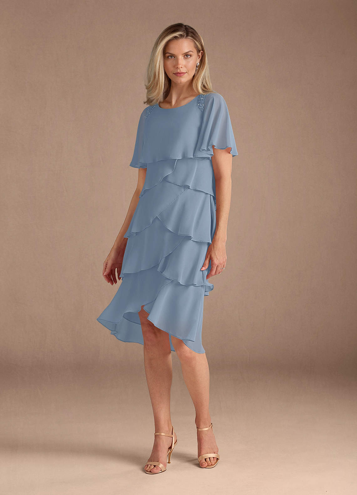Azazie Rita Dusty Blue A-Line Scoop Beaded Chiffon Dress Ready to Ship |  Azazie
