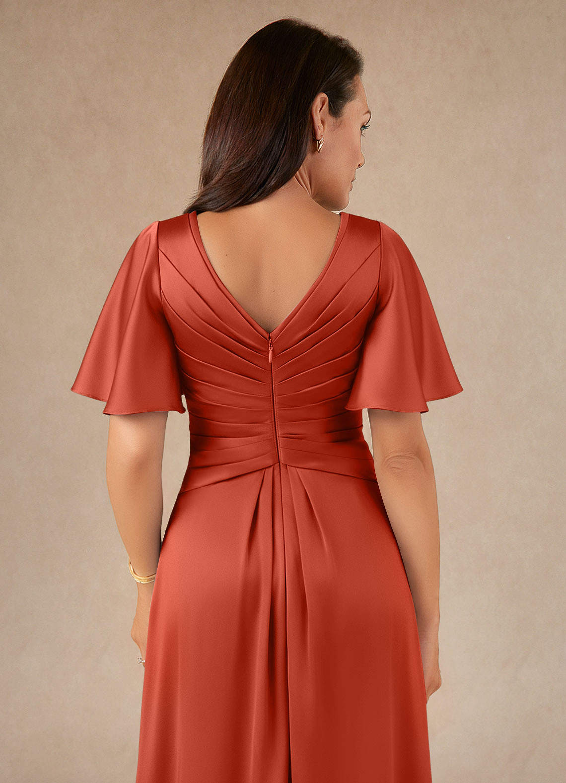 Azazie Emmeline Mother of the Bride Dresses Rust A-Line Pleated Stretch Satin Dress image3