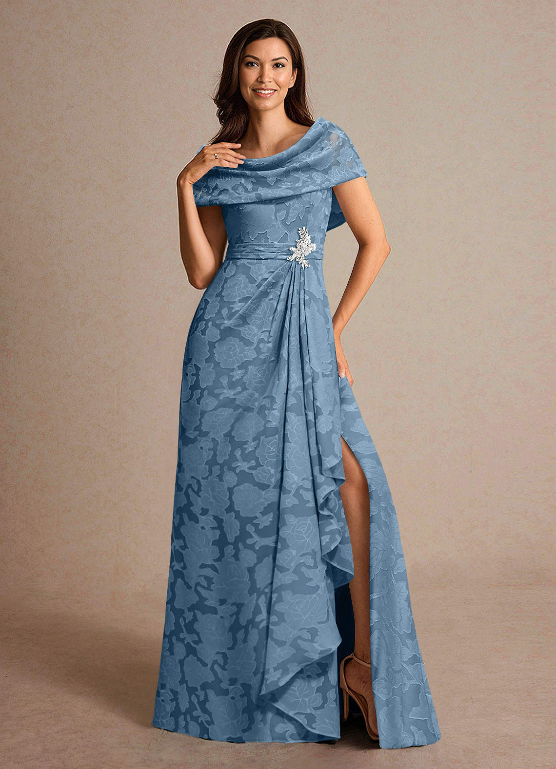 Azazie Branford Mother of the Bride Dresses Steel Blue A-Line Pleated Floral Burnout Dress image4