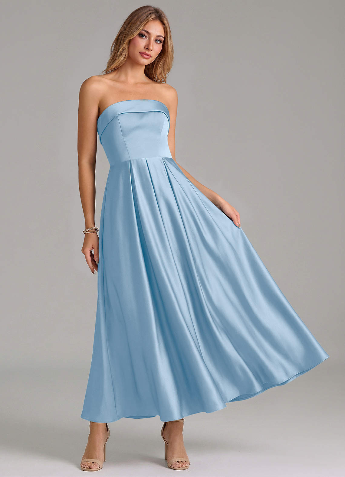 Azazie Lucienne Brudepigekjoler En streg Plisseret Stræk satin Ankel-længde Kjole image6