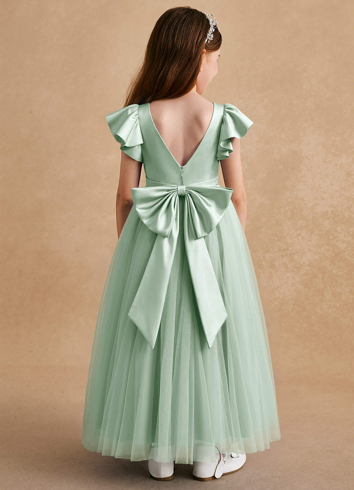 Azazie Suzy Flower Girl Dresses Agave A-Line with Sleeves Tulle Dress image1