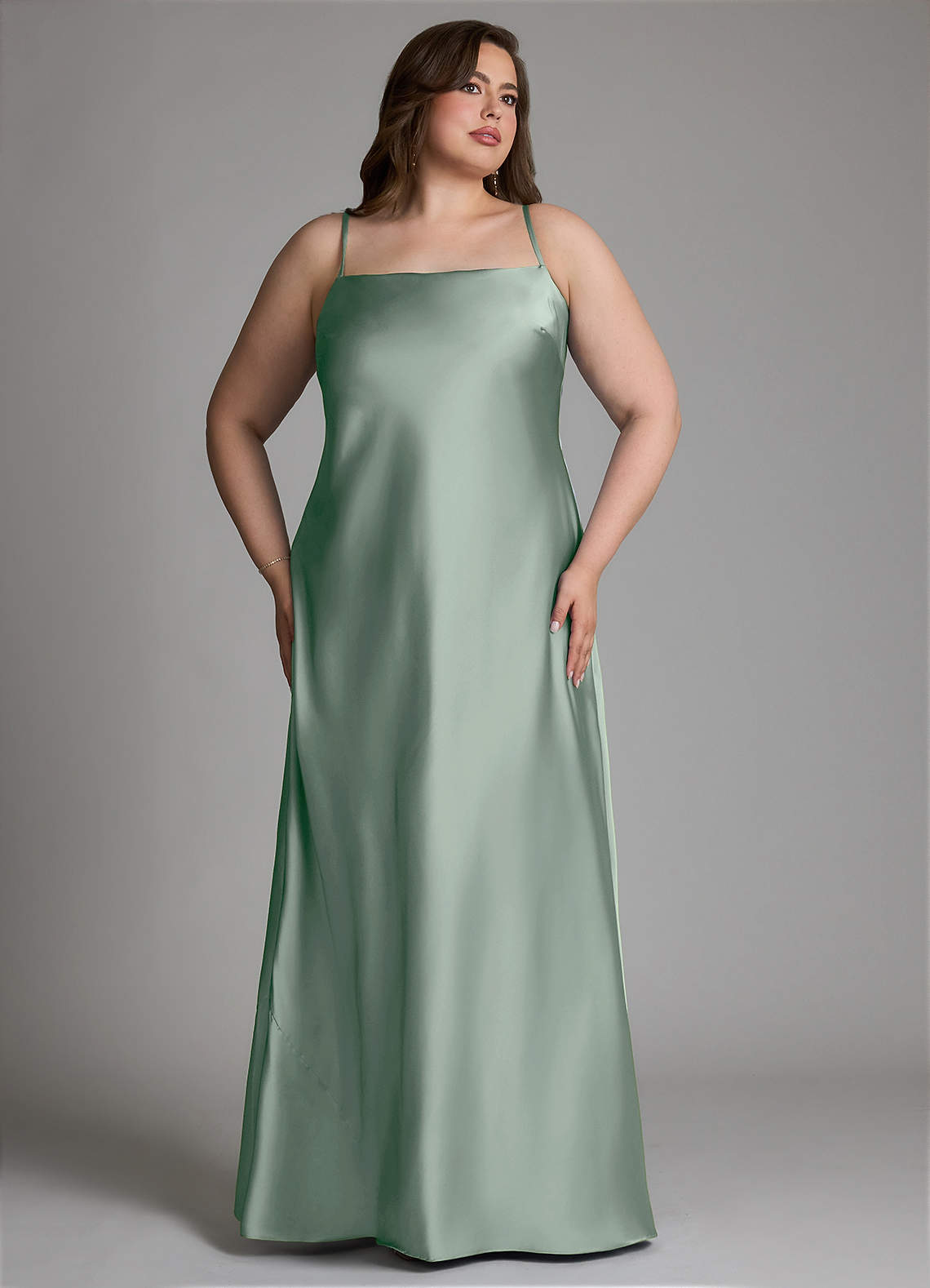 Azazie Jaleesa At-home Try On Dresses Agave Sheath High Neck Stretch Satin Dress image14