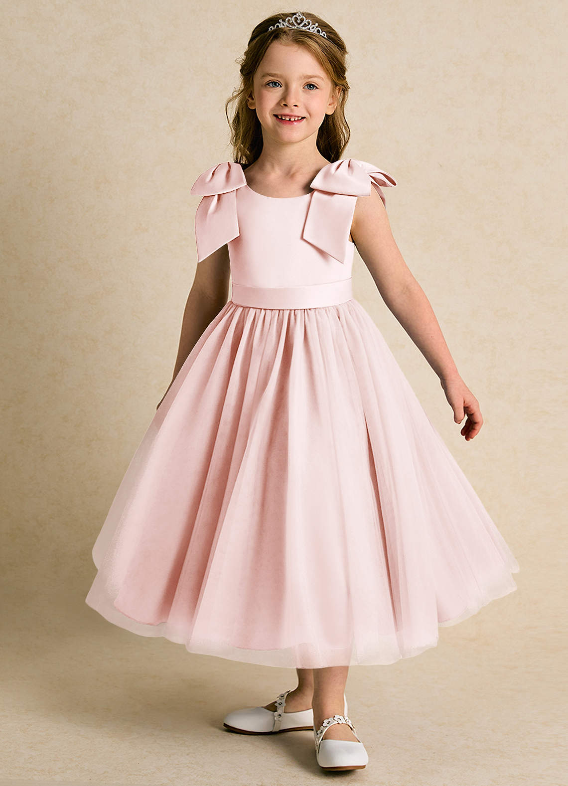 Tiered Tulle V-neck Long Flower Girl Ball Gown Blushing Pink