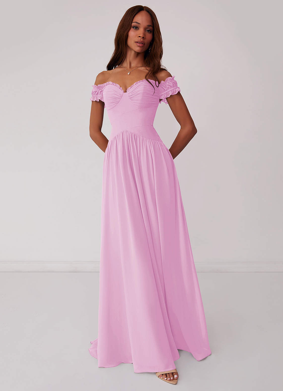 Barbie ♥ Azazie Bridesmaid Dresses Candy Pink A-Line Off the Shoulder Chiffon Convertible Dress image1