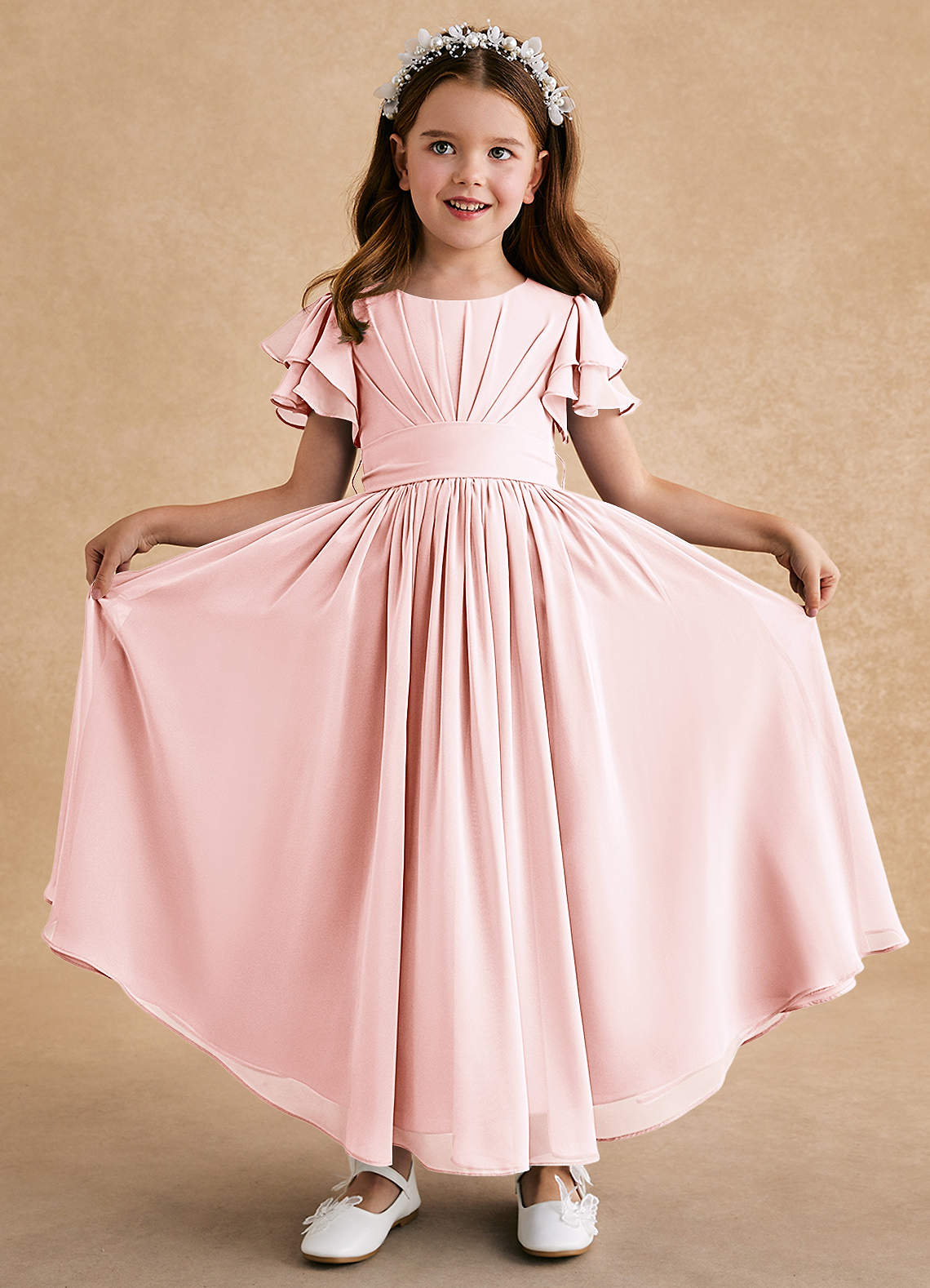 Azazie Ali Flower Girl Dresses Blushing Pink A-Line Pleated Chiffon Dress image1