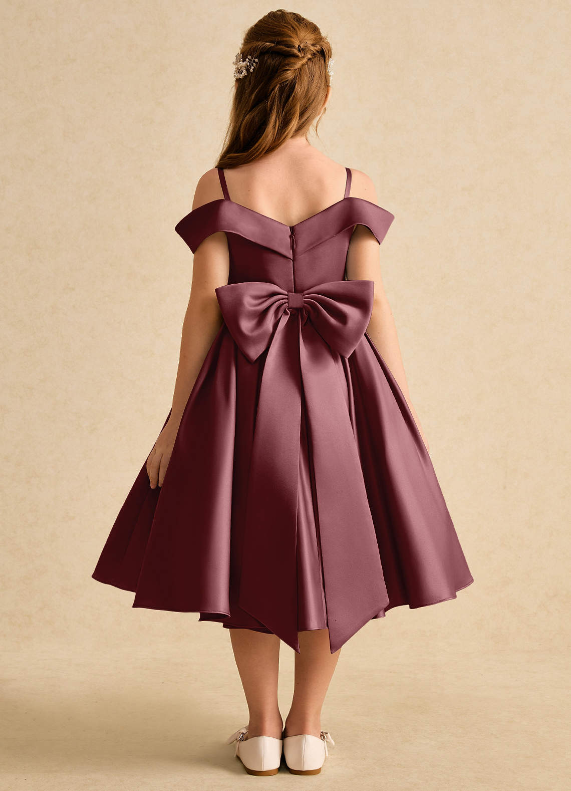 Azazie Favia Flower Girl Dresses Desert Rose A-Line Off the Shoulder Matte Satin Dress image1