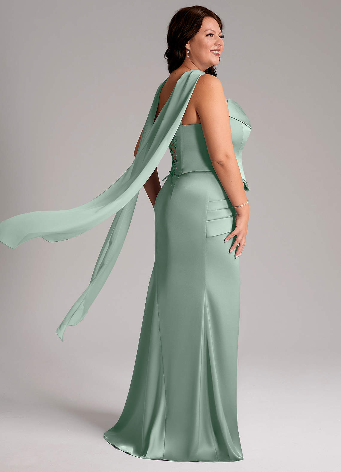 Azazie Sorrel At-home Try On Dresses Agave Mermaid Strapless Stretch Satin Convertible Dress image7
