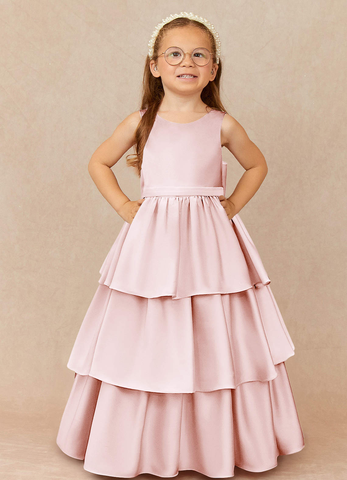 Azazie Margie Flower Girl Dresses Blushing Pink A-Line Bow Stretch Satin Dress image1