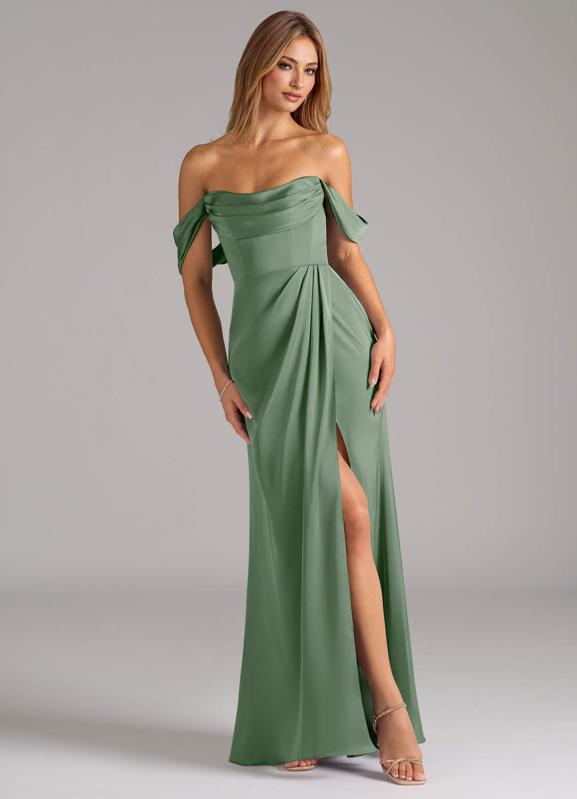 Azazie Johana Bridesmaid Dresses Matcha Mermaid Off the Shoulder Stretch Satin Convertible Dress image1