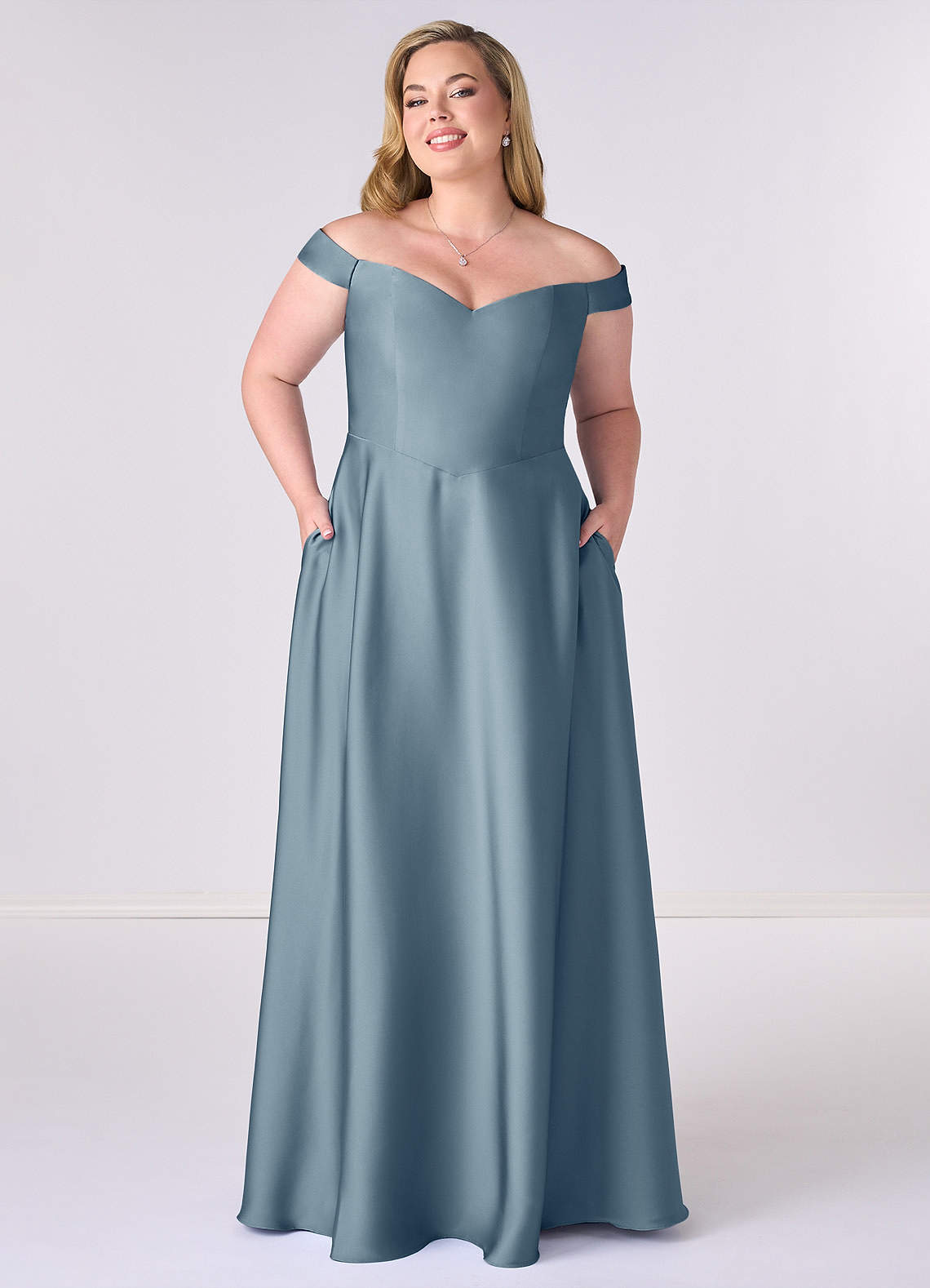 Barbie ♥ Azazie Bridesmaid Dresses Dusty Blue A-Line Off the Shoulder Stretch Satin Convertible Dress image1