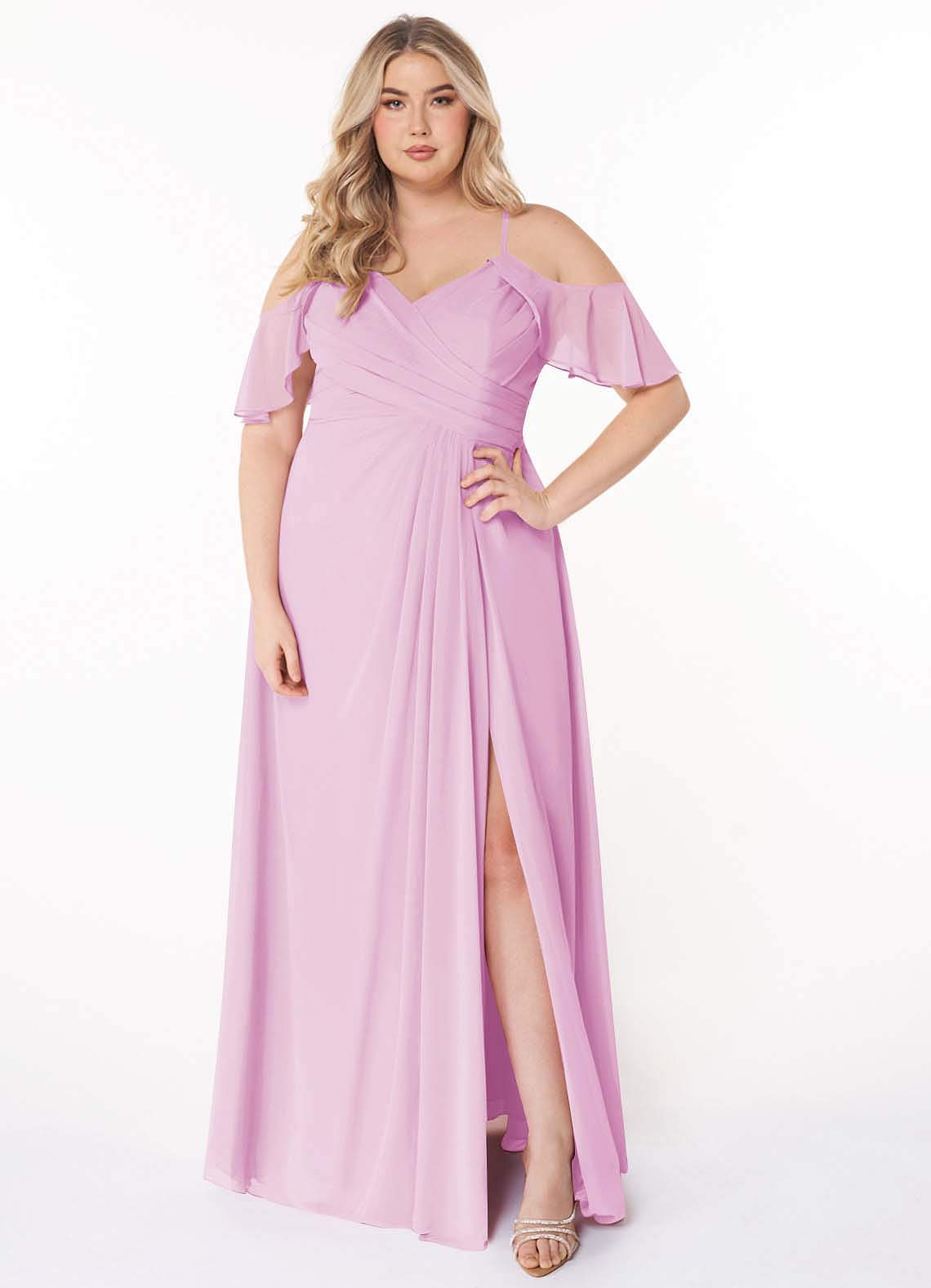 Azazie Dakota Vestidos de damas de honor Vestido de Rosa Caramelo de Gasa de Corte en A con Cuello en V plisado image1