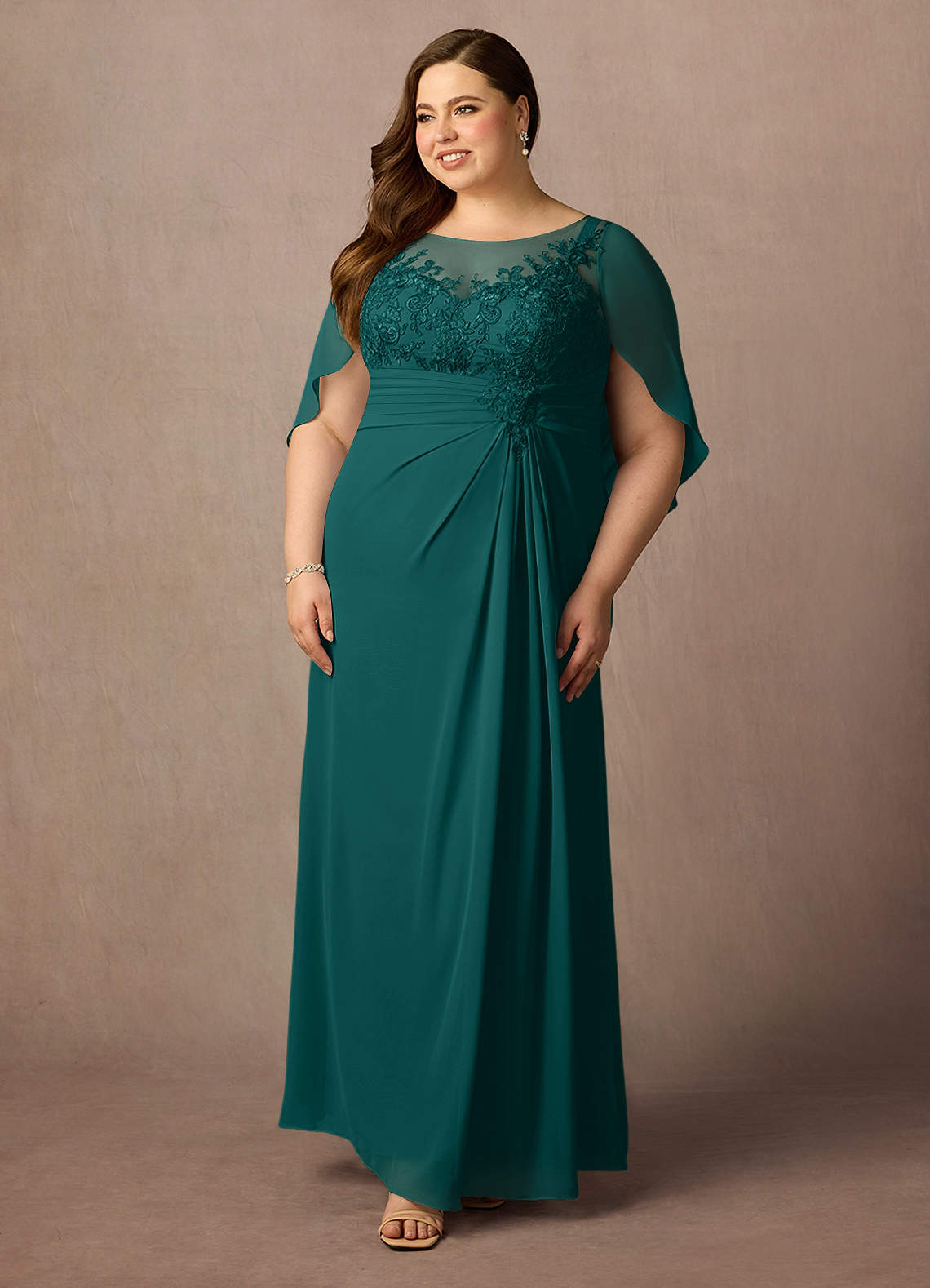 Azazie Hera Mother of the Bride Dresses Peacock A-Line Lace Capelet Chiffon Dress image8