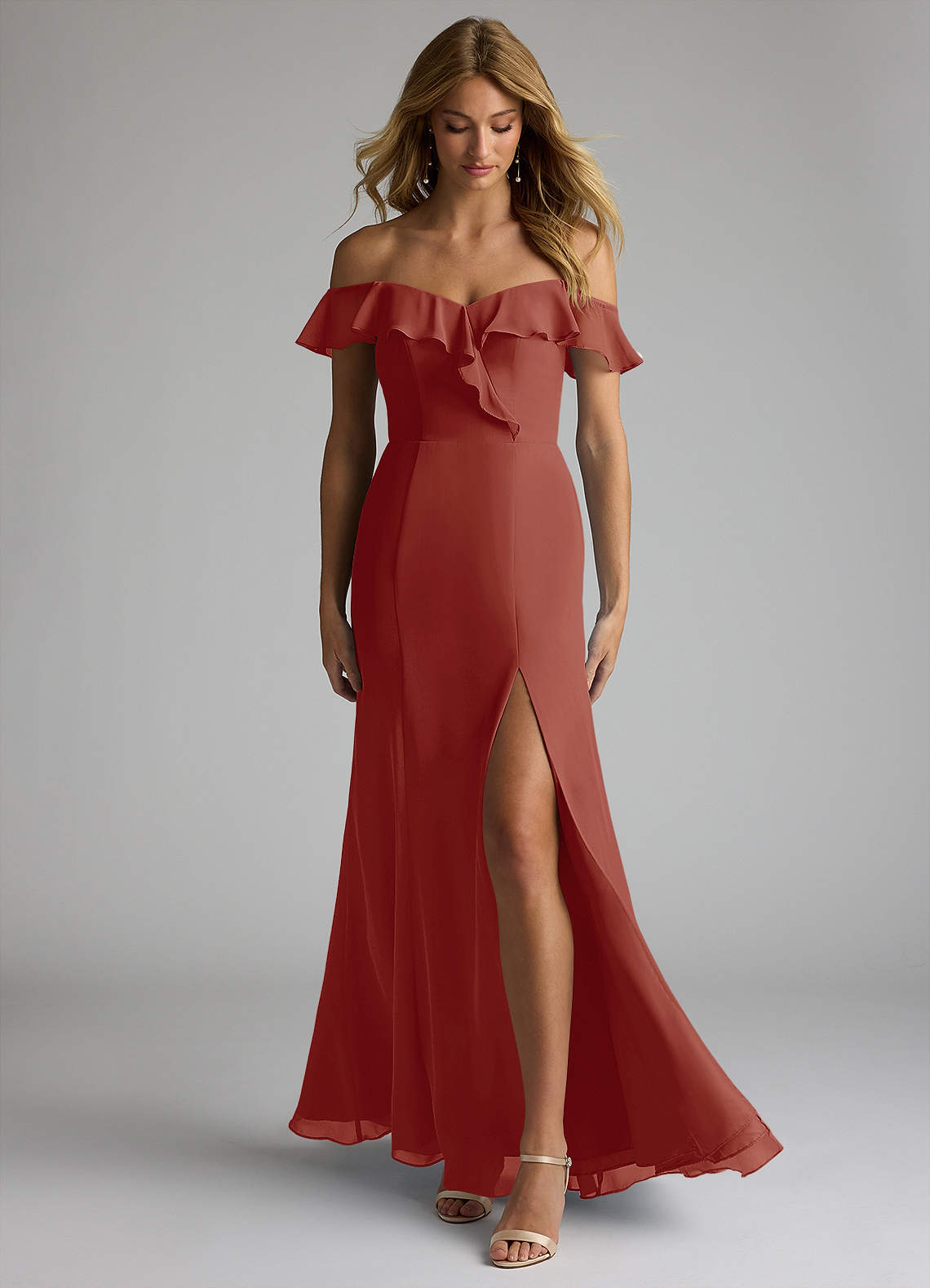 Azazie Sophie Bridesmaid Dresses Terracotta A-Line Off the Shoulder Chiffon Convertible Dress image1